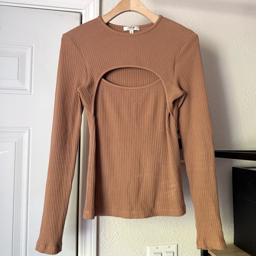 AGOLDE tan brown organic cotton rib ribbed cutout‎ layered long sleeve tee top